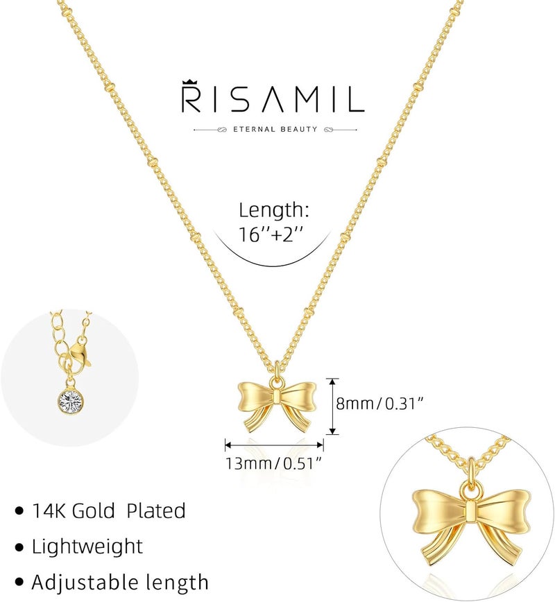Risamil Store 14K Gold Plated Necklace for Women - Bow Necklace - Dainty Necklace Cute Small Tiny Bow Pendant Choker Chain Necklace Trendy Necklaces for Women Jewelry Gift - Image 3